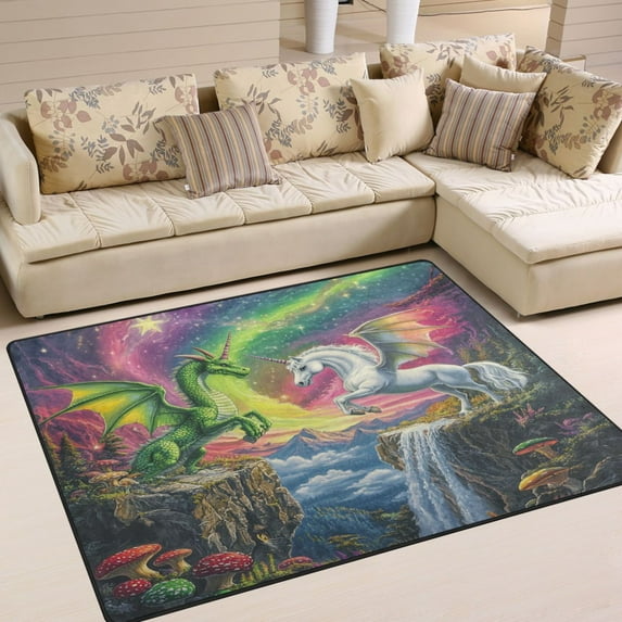 Non-Slip Area Rug 80x58in Indoor Washable Floor Mats Carpet Printed for Living Room, Bedroom, Home Decor Green Dragon and White Unicorn