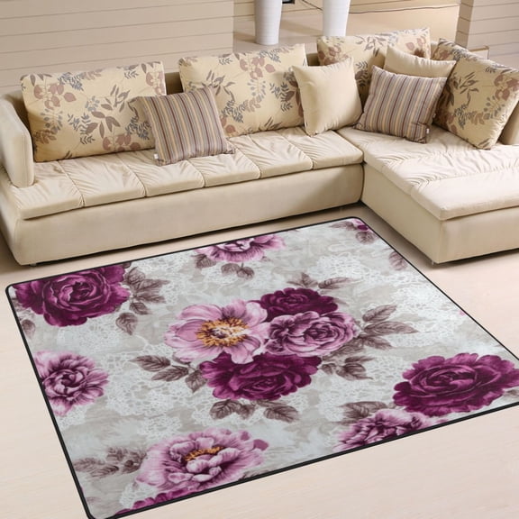 Non-Slip Area Rug 80x58in Indoor Washable Floor Mats Carpet Printed for Living Room, Bedroom, Home Decor Magenta Roses