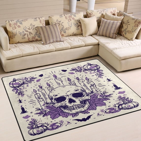 Non-Slip Area Rug 80x58in Indoor Washable Floor Mats Carpet Printed for Living Room, Bedroom, Home Decor Purple Candle Pumpkin Skull