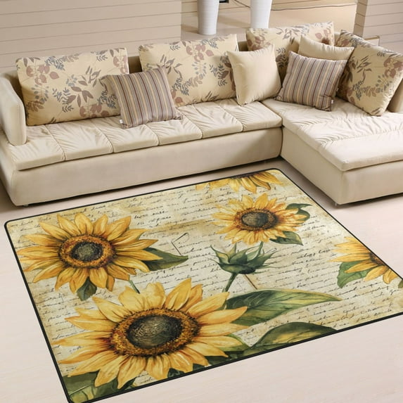 Non-Slip Area Rug 80x58in Indoor Washable Floor Mats Carpet Printed for Living Room, Bedroom, Home Decor Vintage Sunflowers