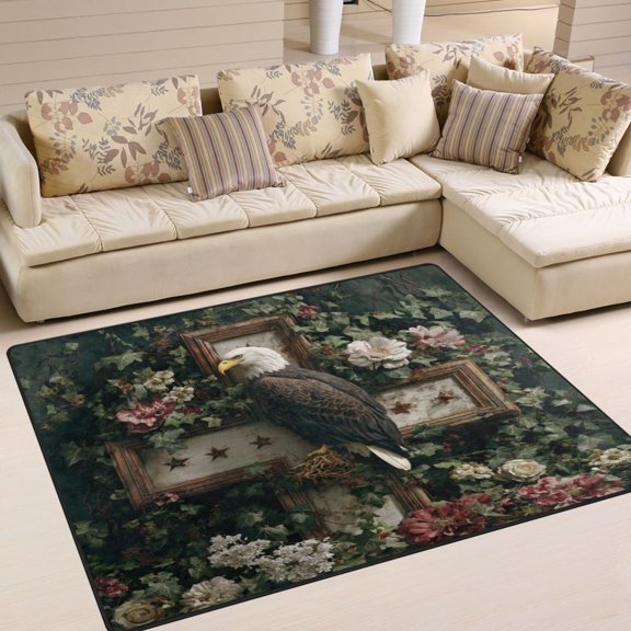 Non-Slip Area Rug 80x58in Indoor Washable Floor Mats Carpet Printed for Living Room, Bedroom, Home Decor Wreath and Bald Eagle