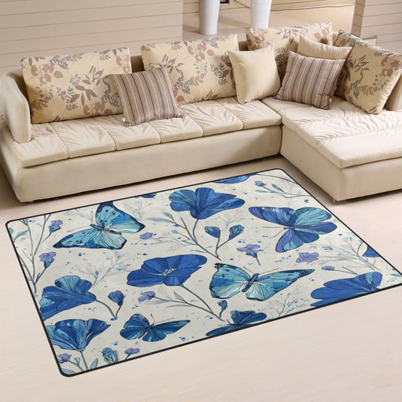 Non Slip Area Rug Living Room Mat Soft Washable Carpet for Home Decor Blue Butterfly and Flower 31 x 20 inch