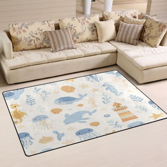 Non Slip Area Rug Living Room Mat Soft Washable Carpet for Home Decor Blue and Yellow Sea Animals 31 x 20 inch