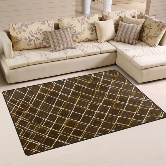 Non Slip Area Rug Living Room Mat Soft Washable Carpet for Home Decor Brown and Gold Argyle Pattern 31 x 20 inch