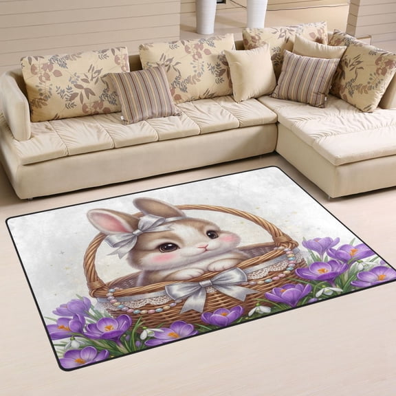 Non Slip Area Rug Living Room Mat Soft Washable Carpet for Home Decor Bunny Sitting in Wicker Basket 31 x 20 inch