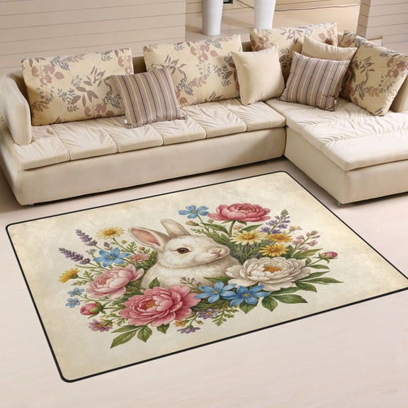 Non Slip Area Rug Living Room Mat Soft Washable Carpet for Home Decor Bunny and Vibrant Flowers 31 x 20 inch