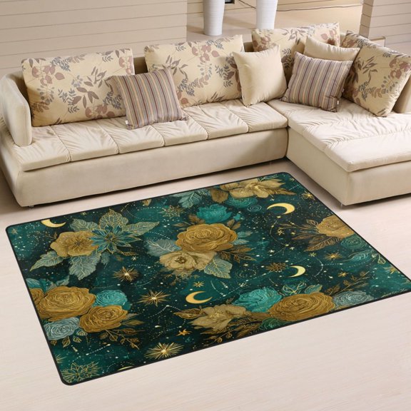 Non Slip Area Rug Living Room Mat Soft Washable Carpet for Home Decor Celestial and Floral Elements 31 x 20 inch