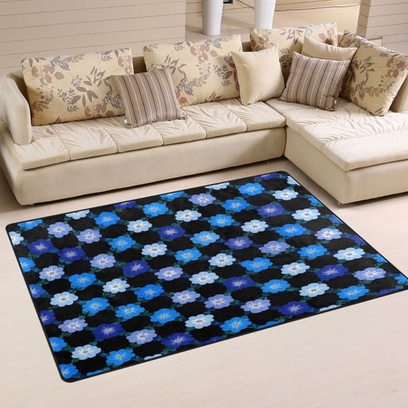 Non Slip Area Rug Living Room Mat Soft Washable Carpet for Home Decor Cute Blue Flowers 31 x 20 inch
