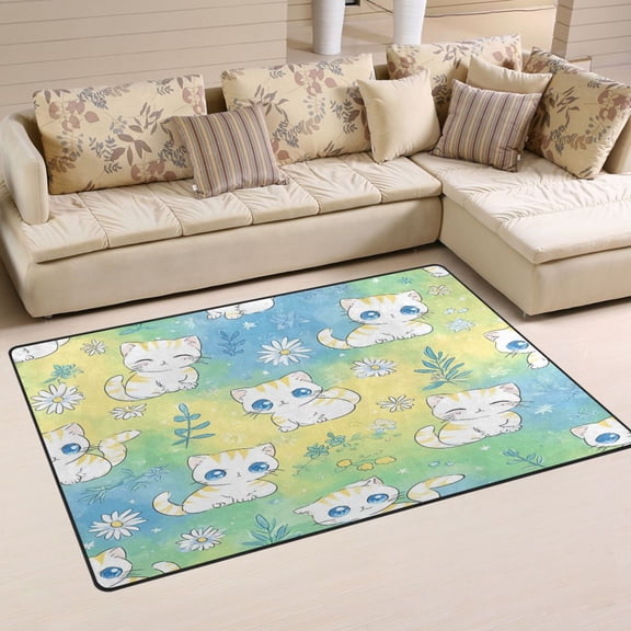Non Slip Area Rug Living Room Mat Soft Washable Carpet for Home Decor Cute White Cats Pattern 31 x 20 inch