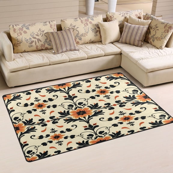 Non Slip Area Rug Living Room Mat Soft Washable Carpet for Home Decor Floral and Curled Vine Motifs 31 x 20 inch