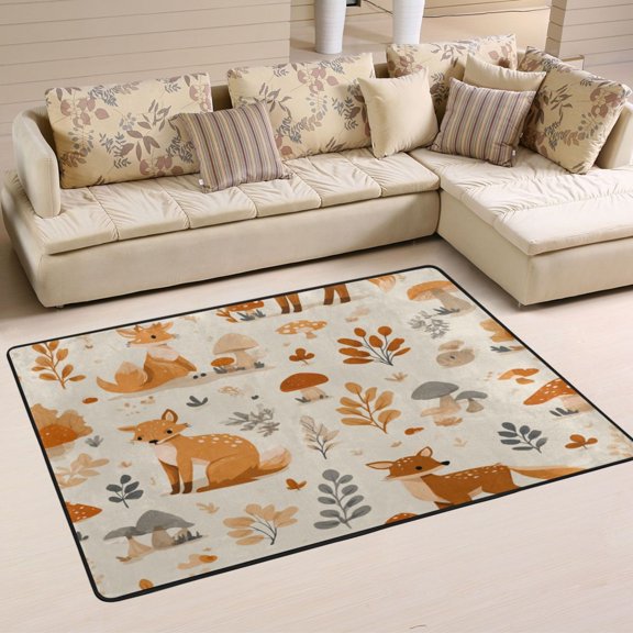 Non Slip Area Rug Living Room Mat Soft Washable Carpet for Home Decor Fox with Mushrooms and Leaves 36 x 24 inch