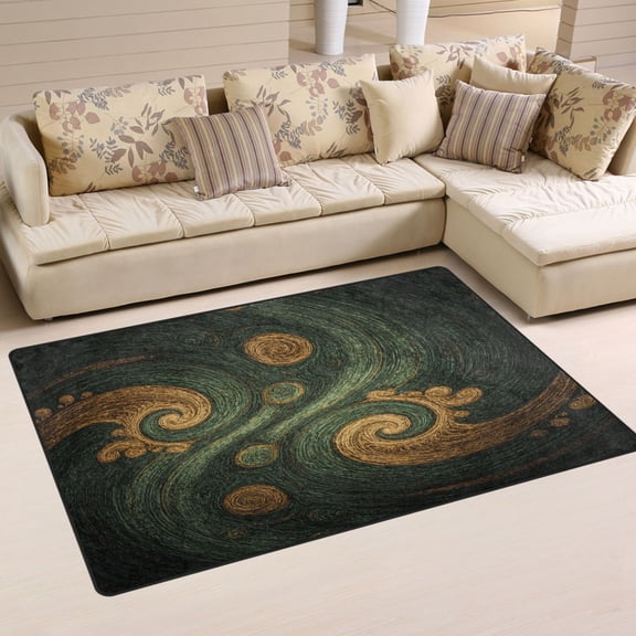 Non Slip Area Rug Living Room Mat Soft Washable Carpet for Home Decor Green and Gold Swirling Lines 31 x 20 inch