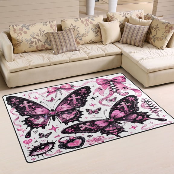 Non Slip Area Rug Living Room Mat Soft Washable Carpet for Home Decor Large Butterfly in Black and Pink Tones 31 x 20 inch