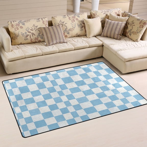 Non Slip Area Rug Living Room Mat Soft Washable Carpet for Home Decor Light Blue and White Checkered 31 x 20 inch