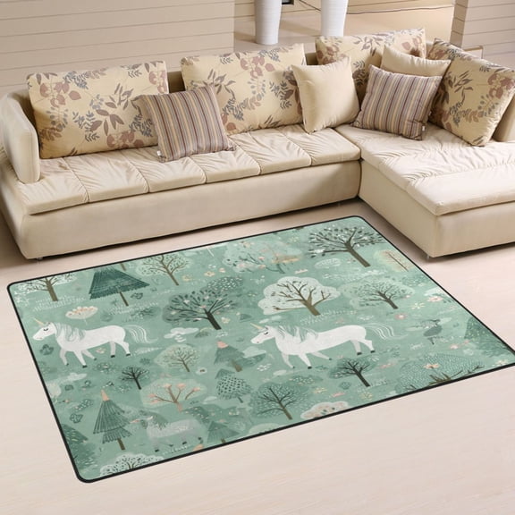 Non Slip Area Rug Living Room Mat Soft Washable Carpet for Home Decor Mint Green Unicorns and Trees 31 x 20 inch