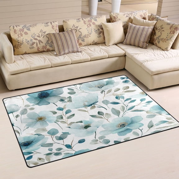 Non Slip Area Rug Living Room Mat Soft Washable Carpet for Home Decor Pastel Blue Flowers Pattern 31 x 20 inch