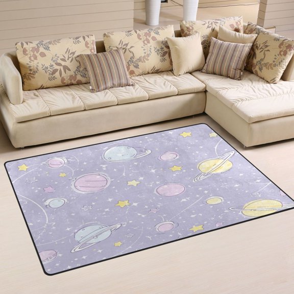 Non Slip Area Rug Living Room Mat Soft Washable Carpet for Home Decor Pastel Purple Planets and Stars 31 x 20 inch