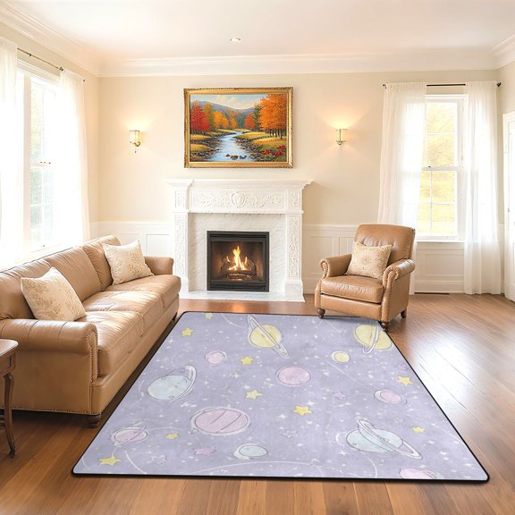 Non Slip Area Rug Living Room Mat Soft Washable Carpet for Home Decor Pastel Purple Planets and Stars 63 x 48 inch