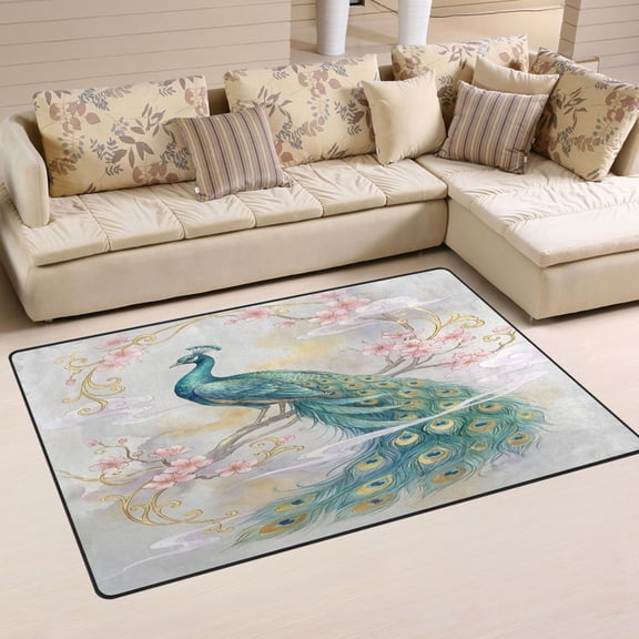 Non Slip Area Rug Living Room Mat Soft Washable Carpet for Home Decor Peacocks and Cherry Blossoms 31 x 20 inch