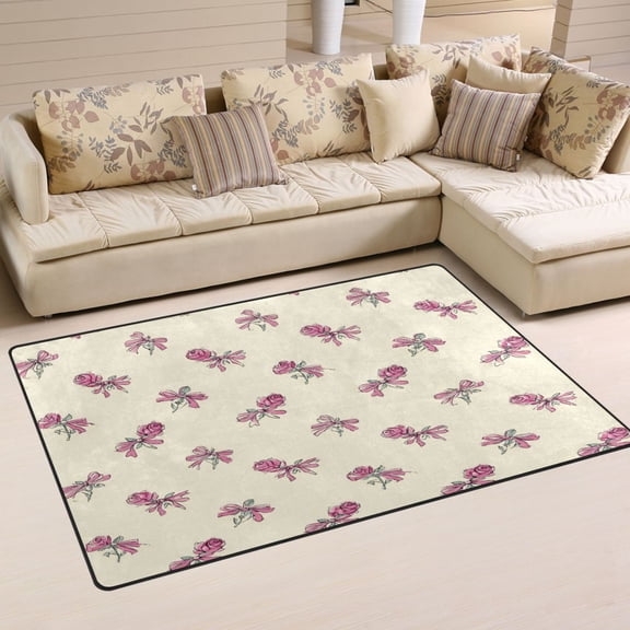 Non Slip Area Rug Living Room Mat Soft Washable Carpet for Home Decor Pink Roses and Bows Pattern 31 x 20 inch
