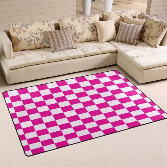 Non Slip Area Rug Living Room Mat Soft Washable Carpet for Home Decor Pink and White Checkered 31 x 20 inch