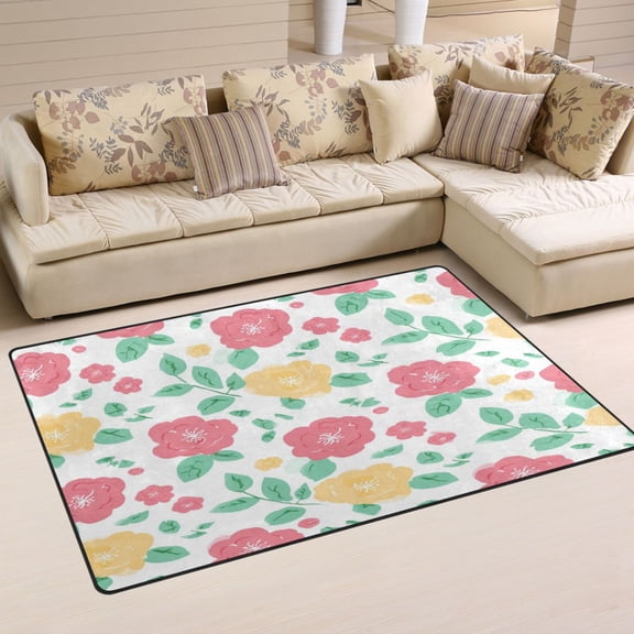 Non Slip Area Rug Living Room Mat Soft Washable Carpet for Home Decor Pink and Yellow Roses 31 x 20 inch