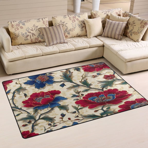 Non Slip Area Rug Living Room Mat Soft Washable Carpet for Home Decor Red and Indigo Blue Flowers 31 x 20 inch
