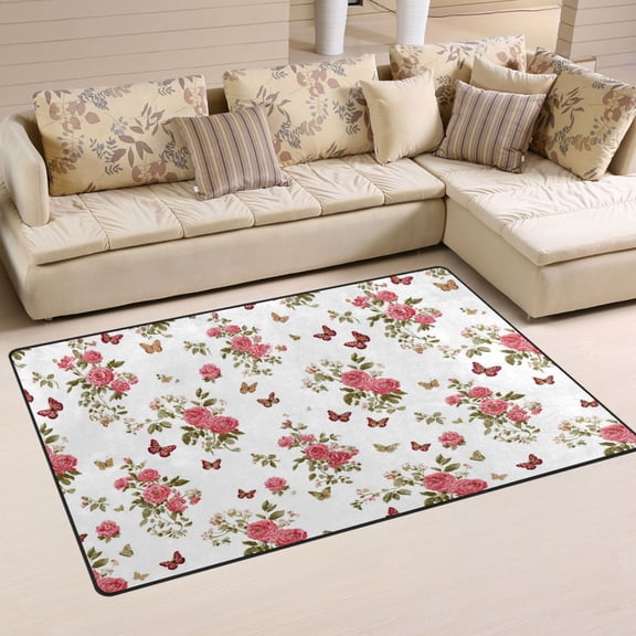 Non Slip Area Rug Living Room Mat Soft Washable Carpet for Home Decor Small Butterfly and Rose Pattern 31 x 20 inch