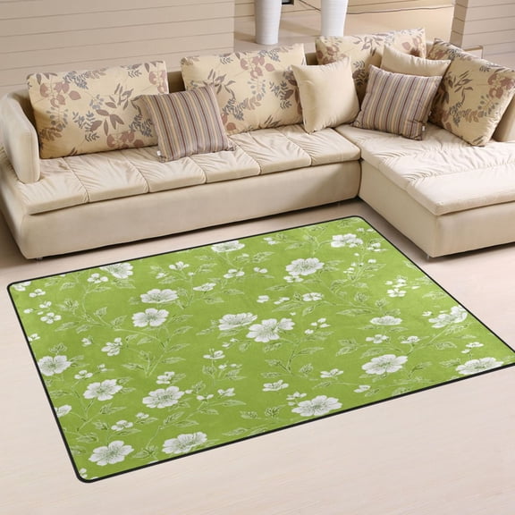 Non Slip Area Rug Living Room Mat Soft Washable Carpet for Home Decor White Flowers and Leaves 31 x 20 inch