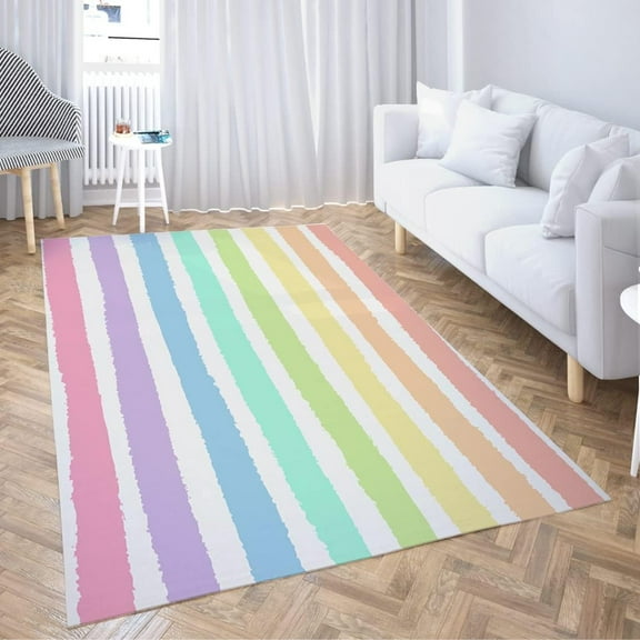 Non-Slip Area Rugs Watercolor Pastel Brush Strokes Striped Blue Rainbow Pattern Abstract Home Decor Rugs Carpet For Classroom Living Room Bedroom Dining Kindergarten Room-5x6ft