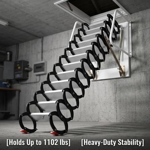 Non-Slip Attic Stair Widened Tread Design, Telescopic Attic Stairs Wall-Mounted Frame, Collapsible Scissor Attic Stairs 1102 Lbs Load for Loft Workshop.