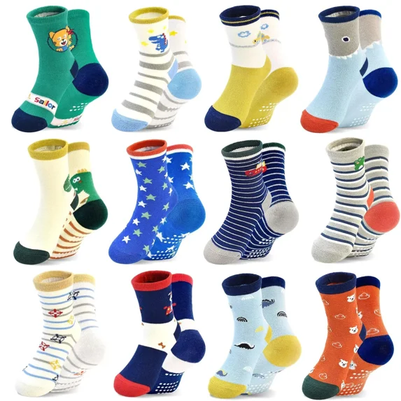 Non-Slip Baby Socks With Grips 12 Pairs Anti Slip Cartoon Toddler Socks For 6-12 Month Infant 1-7 Years Boys Kids