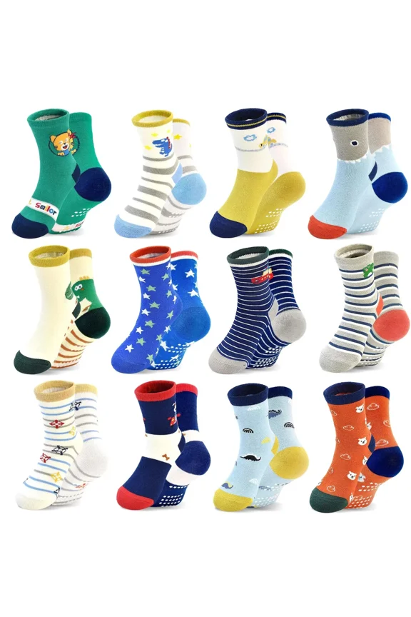 Non-Slip Baby Socks With Grips 12 Pairs Anti Slip Cartoon Toddler Socks For 6-12 Month Infant 1-7 Years Boys Kids