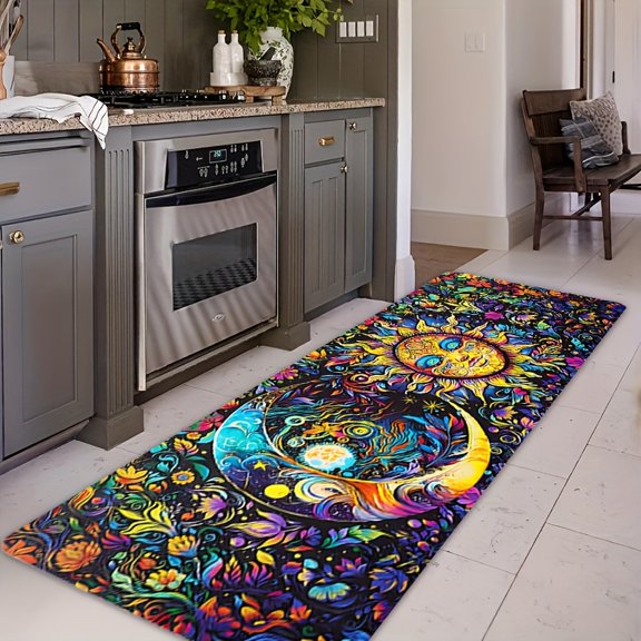 Non-Slip Back Adhesive Runner Mat, 0.47" Thick, Sun Moon Floral Print, Short Plush Polyester, Machine Washable, for Living Room Kitchen Hallway Laundry