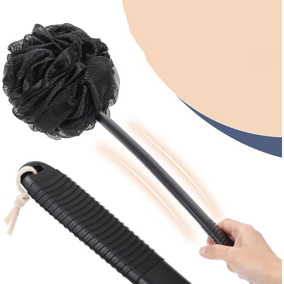 Non-Slip Back Scrubber with Plastic Handle - Hand Shower Loofah & Loofah on a Stick Set, Black