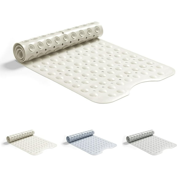 Non Slip Bath Mat 101x40cm Bathtub Mat Shower Mat Machine Washable Bath Tub Mat with Suction Cups Drain Holes Rubber Bath Mats Non Slip Anti Mould Extra Long Bath Mat Beige