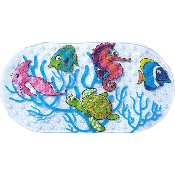 Non-Slip Bath Mat, 15.4x27.6 Ocean-Themed Baby Bath Mat, PVC Shower Mat with Suction Cup, Rinseable Comfortable Bath Mat for Bathtub