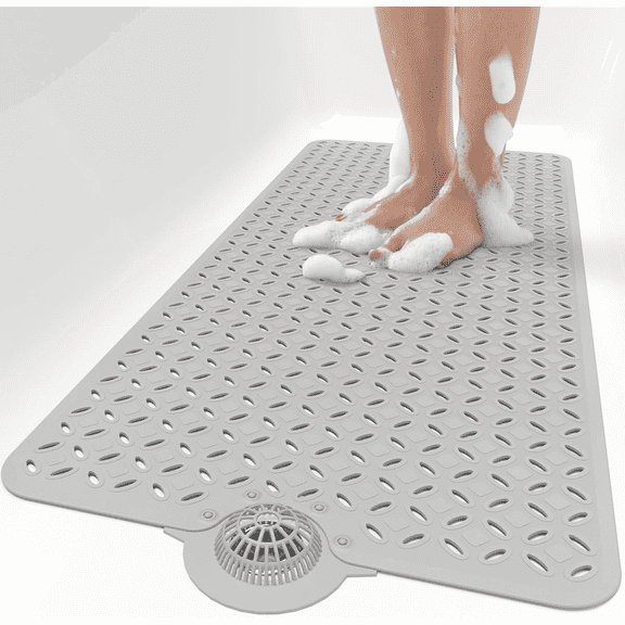 Non Slip Bath Mat 39x17 Inch Hair Catcher Design, Machine Washable, Thermoplastic Rubber, Grey, Quick-Drying Shower Mat