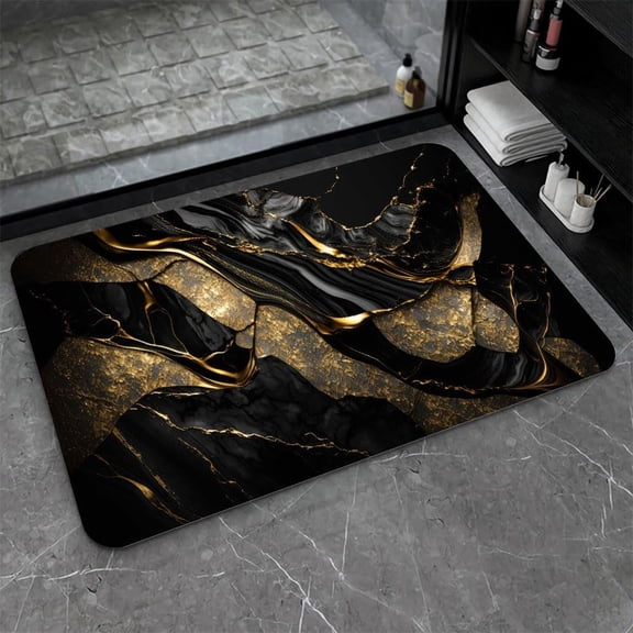 Non Slip Bath Mat Bathroom Rug Black and Metallic Gold Marble Quick Dry Stain Resistant Easy Clean Shower Rug 16 x 24 Inch