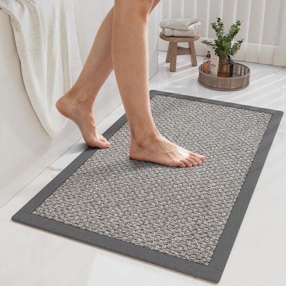 Non Slip Bath Mat Bathroom Rugs, Soft Jute-Like Ultra Thin Bath Mats, Rubber Backing Super Absorbent Quick Dry Bath Rug Shower Mat Fit Under Door Bathroom Floor, Machine Was, Gray 16" x 24"