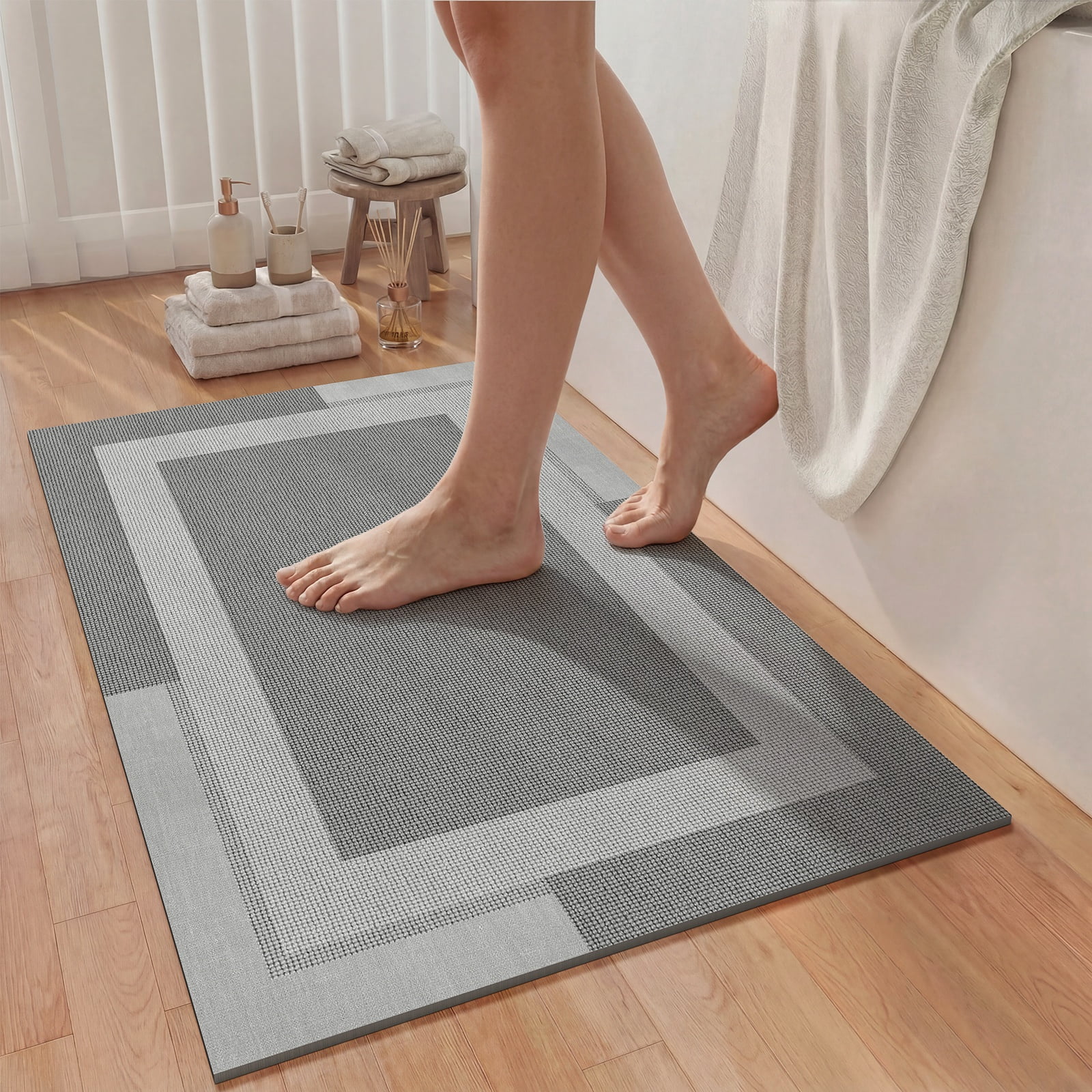 QiCaiJia Non Slip Bathroom Rugs, Absorbent Quick Dry Thin Bath Mat With Rubber Backing For Bathroom Floor Fit Under Door 20"x32" Light Gray