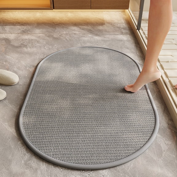 Non Slip Bath Mat, Rubber Backing Ultra Thin Bathroom Rugs Fit Under Door Quick Dry Bath Rug Shower Mat for Bathroom Floor Bathtub Shower Sink,19.6"x 31.4"，Gray（Elliptical Shape，No Text）