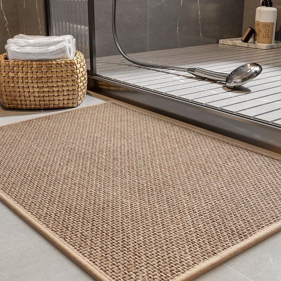 Non-Slip Bath Mat With Rubber-Backing, Braided Absorbent Machine Washable Thin Rug for Bathroom Floor, Quick Dry, Fits Under Door, 17''x24'' Beige