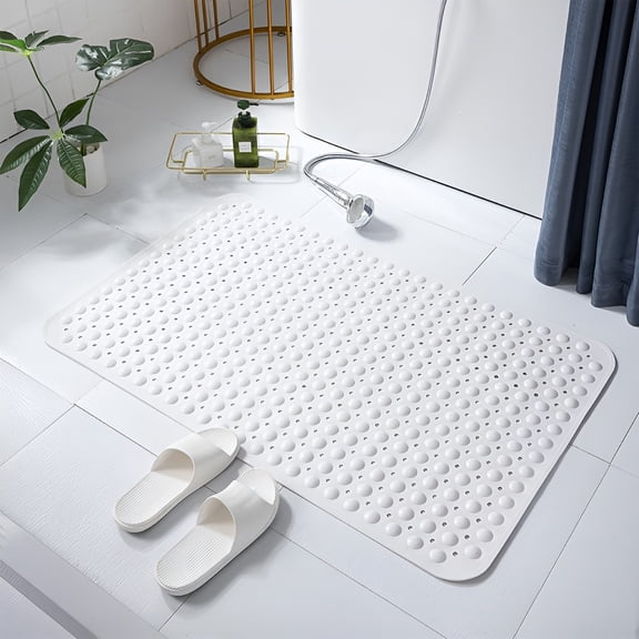 Non-Slip Bath Mat with Strong Suction Cups, 14 x 28 Inch PVC Shower Mat with Drainage Holes, Soft Bubble Surface for Bathroom Tub Safety White