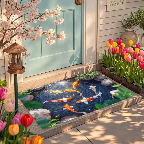 Non-Slip Bath Rug and Entryway Mat, Koi Fish 3D Illusion Design Polyester Floor Mat for Bathroom Front Door, 20x31 Inches, Absorbent Water Trapping