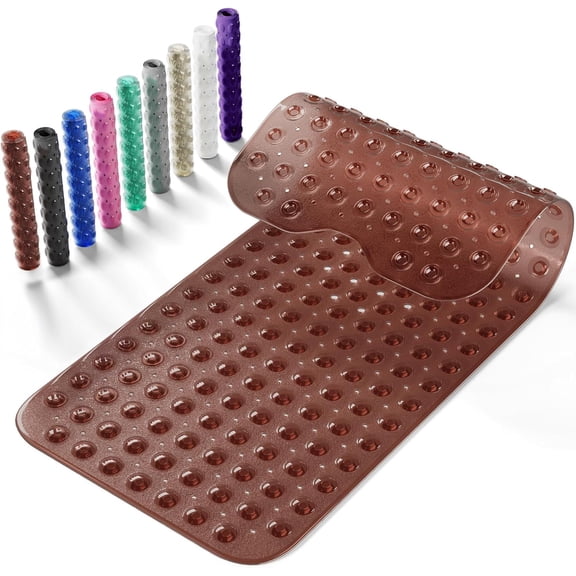 Non-Slip Bath Tub Mat, 39x16 Inch Extra Large Shower Mat with Drain Holes & Suction Cups, Machine Washable, Clear Brown