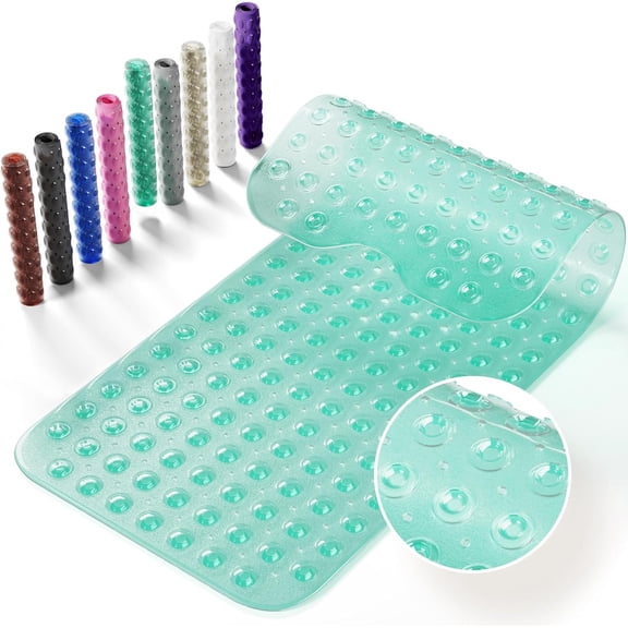 Non-Slip Bath Tub Mat, 39x16 Inch Extra Large Shower Mat with Drain Holes & Suction Cups, Machine Washable, Clear Green