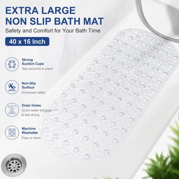 Non Slip Bath Tub and Shower Mat, 40 x 16 Inch Extra Long Bathtub Mat with Suction Cups, Machine Washable Bathroom Floor Mat with Drain Holes, Clear