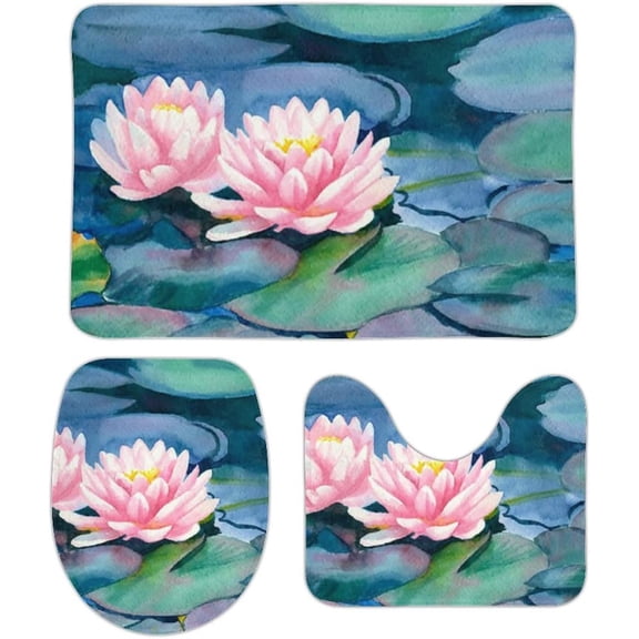 Non Slip Bathroom Rugs Set 3 Piece Bath Mats Set Pink Water Lilie Flowers Floating On The Water Bath Rug and U-Shape Contoured