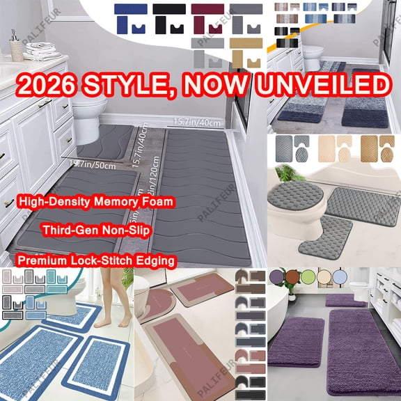 Non-Slip Bathroom Rugs Set 3 Piece, Memory Foam Bath Mat, Quick-Dry & Machine Washable, Black by PALIFEUR